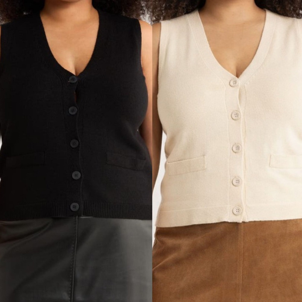 NWT 2pk Max Studio V-Neck Button Front Knit‎ Sweater Vests Black & Bone Plus 1X